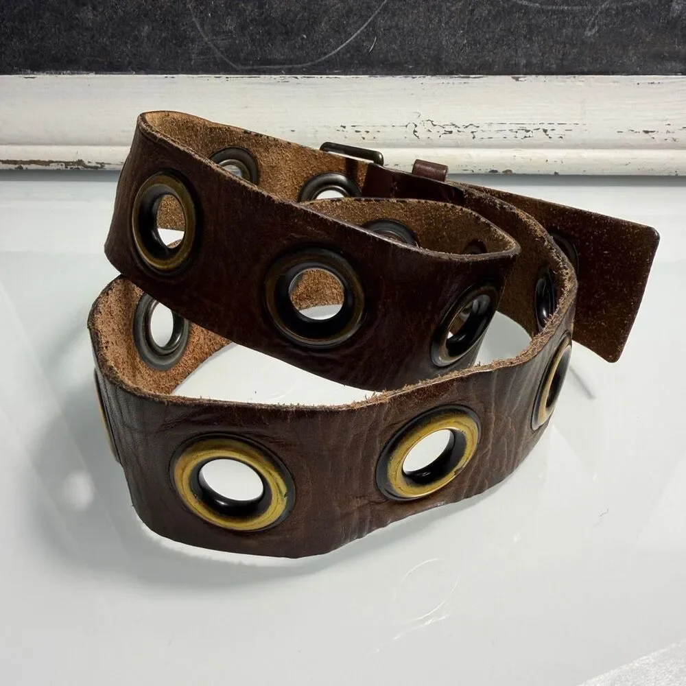 Y2K Brown Genuine Leather Grommet Eyelet Belt Distressed Boho Wide Belt